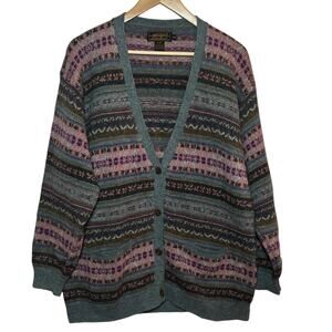 Eddie Bauer 100% Wool Fair Isle Knit Size Medium V-Neck Cardigan Sweater